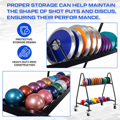 Silipull Mobile Shot Put Discus Storage Rack Cart Heavy Duty Athletic Throwing Equipment Trolley with 4 Wheels, Holds 15 Discus & 20 Shot Put for Gym, School PE and Track & Field Gear Organizer