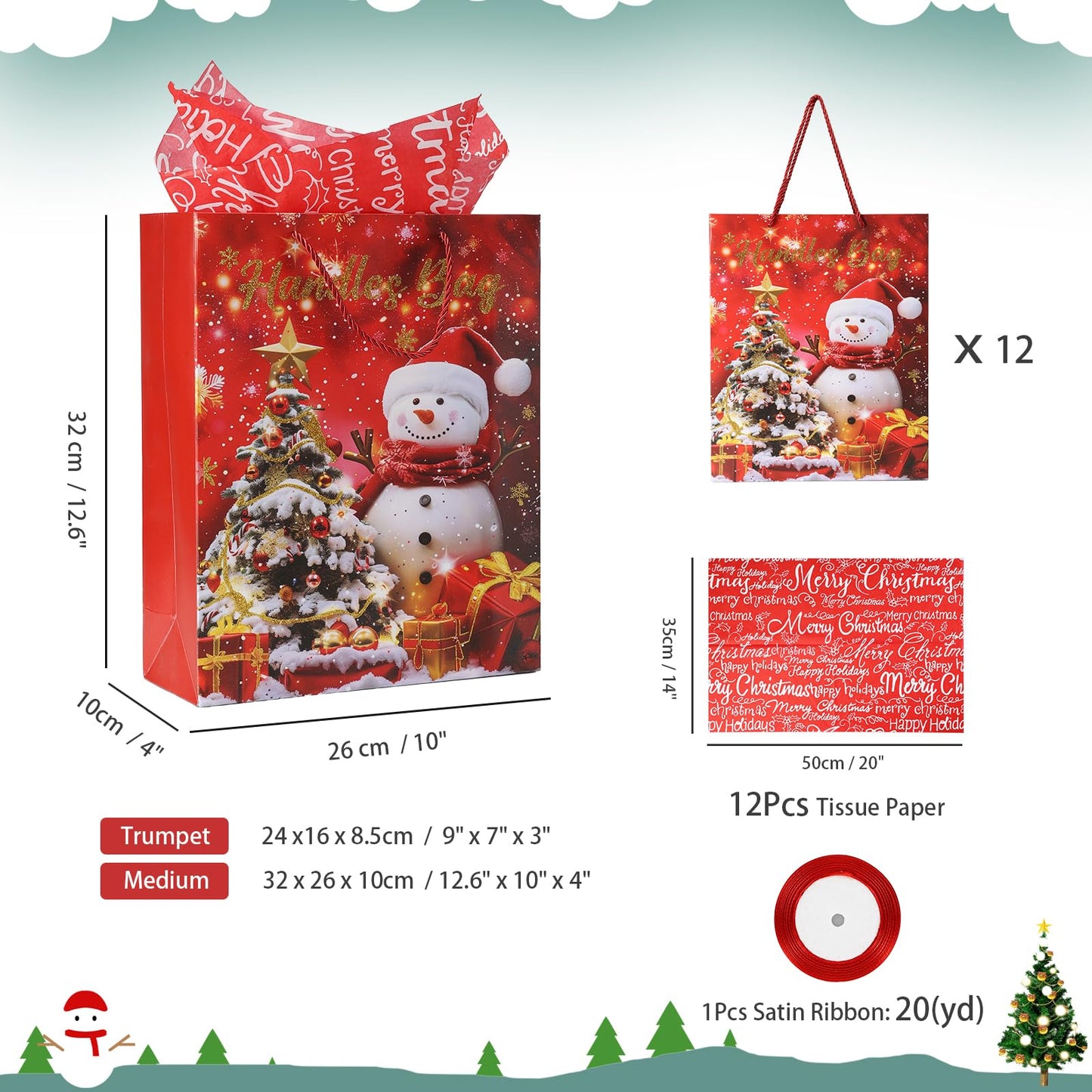 Rusikia 12 Christmas Gift Bags with 12 Tissues and 1 Satin Ribbon - Medium
