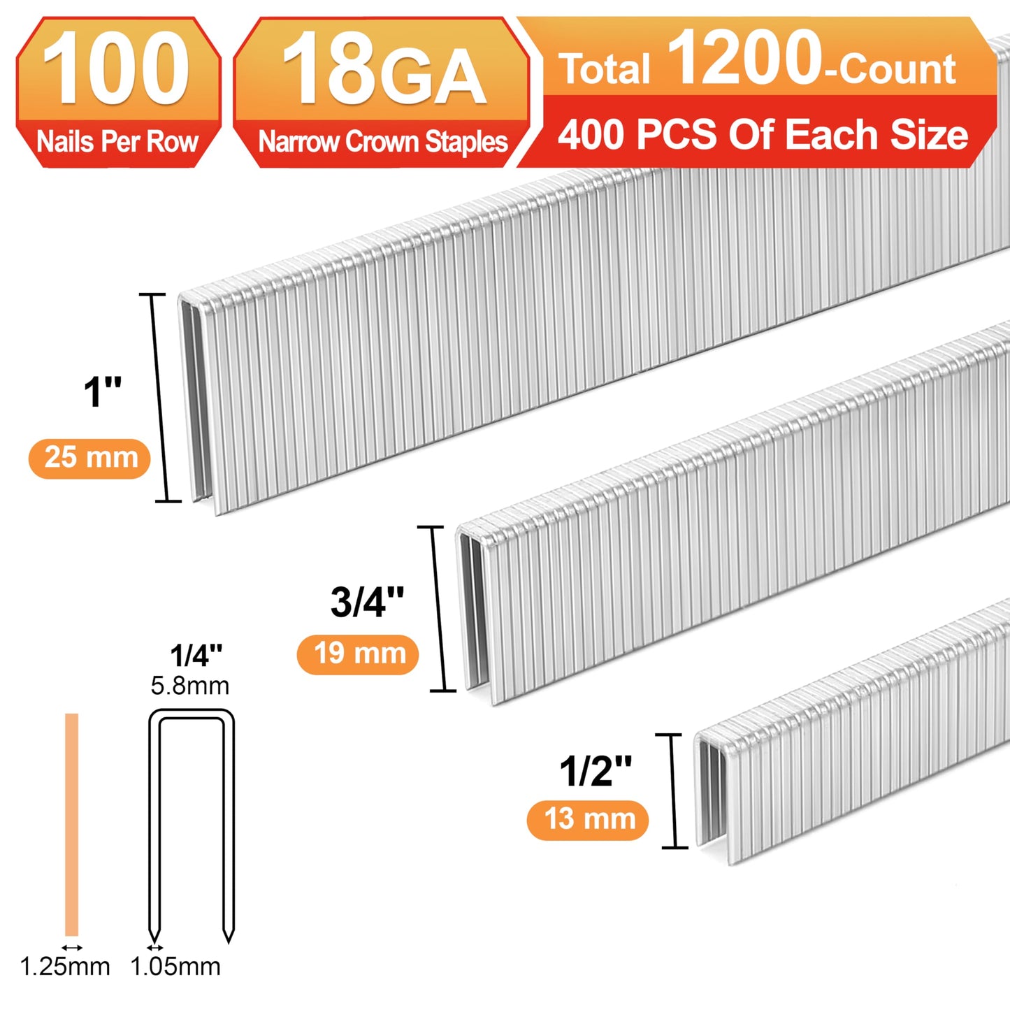Korantek 18 Gauge 1/4" Narrow Crown Staples,18GA Nail Gun Nails Assorted, Suitable for Most Brand of 18 Gauge Pneumatic and Electric Stapler Nailer (1/2",3/4",1",1200-Pack)