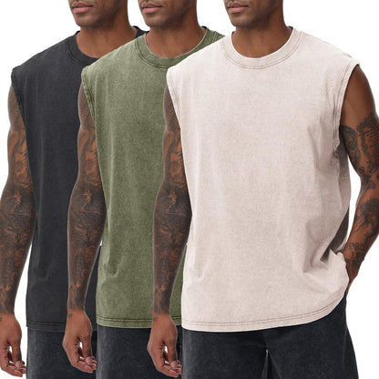 SnowElve 3 Pack Mens Workout Tank Tops Sleeveless Tee Shirts Men Muscle Shirt Gym Acid Wash T Shirts Running Beach Loose Fit Tee(BKAGAC,L)