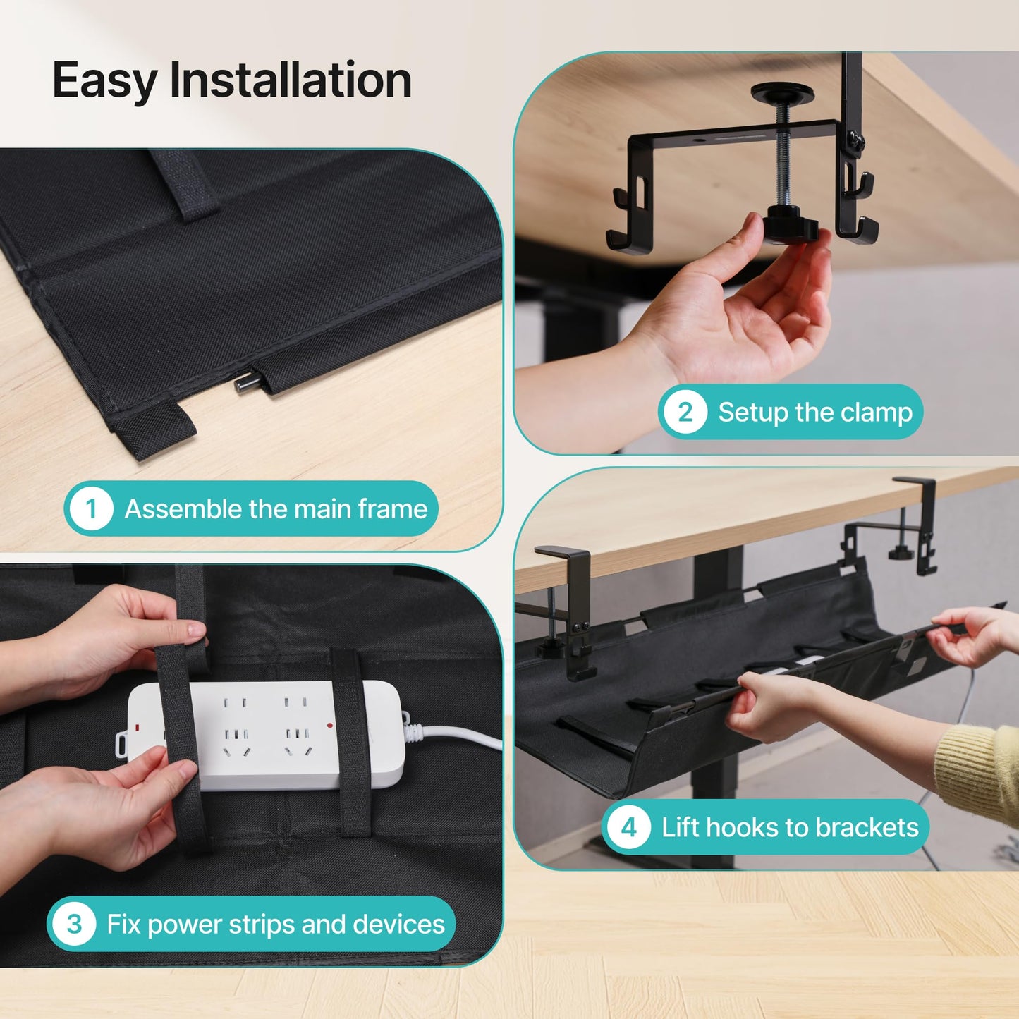 PEGZONE No Drill Under Desk Cable Management Tray, 31.5" Cord Management Under Desk for Table, Clamp Mount Desk Cable Management, Premium Fabric Wire Management Tray for Office, Home