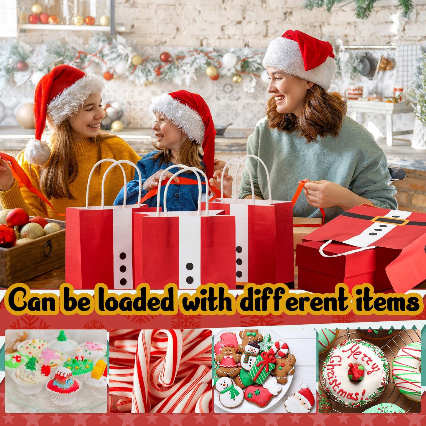 Geyoga 24 Pcs Large Christmas Paper Gift Bags Bulk Santa Claus Suit Print Bags with Handle Xmas Santa Goodie Treat Party Favor Pouches for Candy Gift Wrapping Party Supplies, 8.27 x 5.91 x 3.15 in