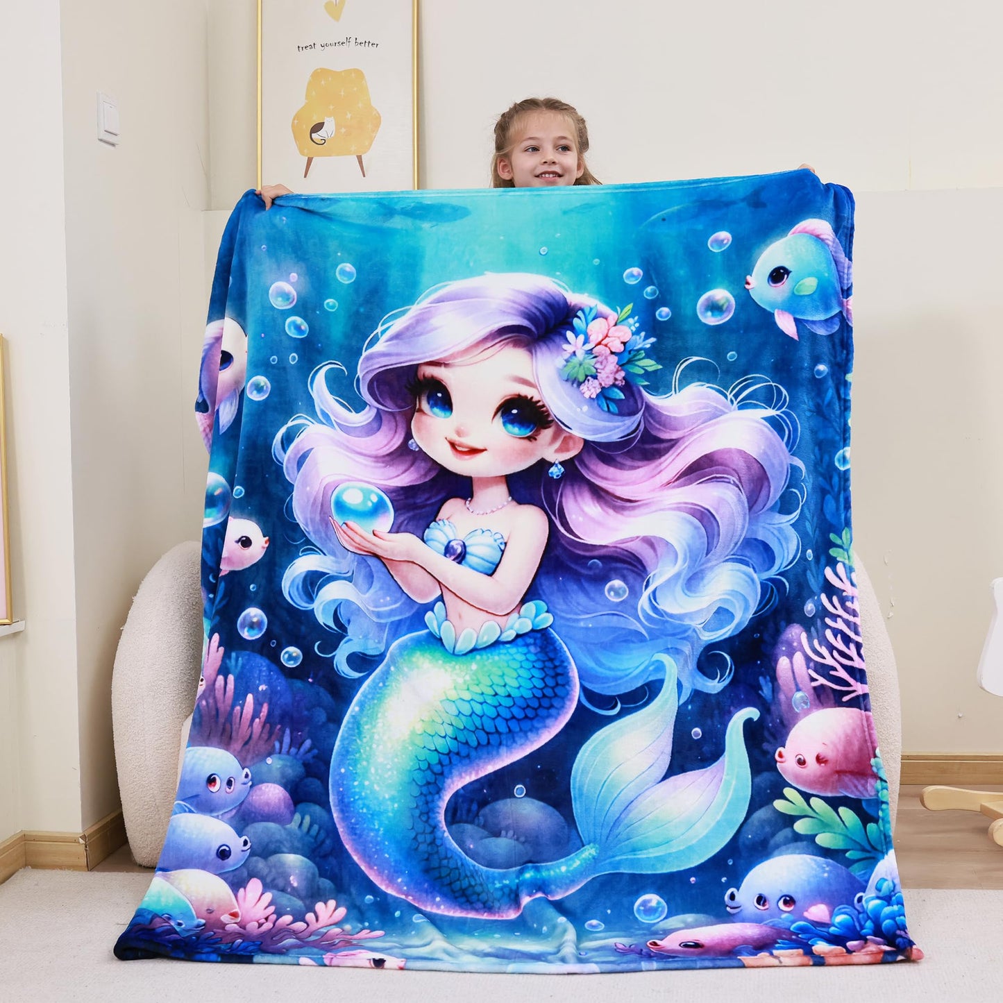 Softan Kids Throw Blanket for Girls & Boys, Warm Soft Toddler Fleece Blankets for Sofa Couch Bed， Cozy Fuzzy Plush Flannel Kids Throw Blanket for Daycare & School - 50x60In Blue Mermaid