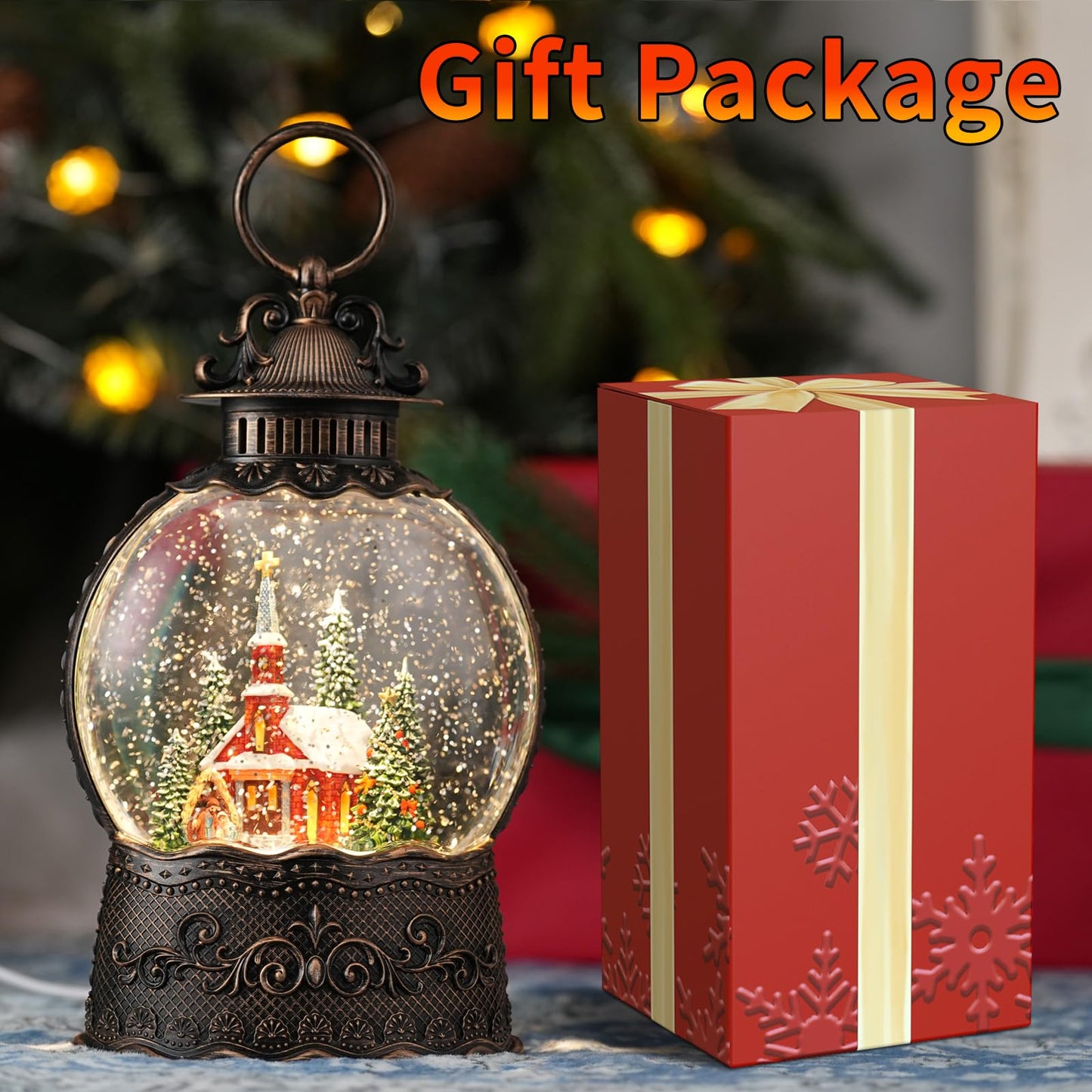 Snow Globe with Church, Light Up Christmas Snow Globes with Music Timer - USB Plug or Battery Operated Glitter Globe Indoor Christmas Decorations
