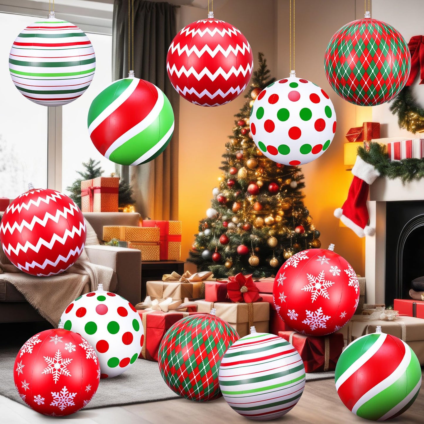 12 Pcs 12 Inch Inflatable Christmas Ball Ornaments Large Christmas Hanging Tree Ornaments Blow up PVC Christmas Balls Decorations for Xmas Porch Yard Lawn Holiday Party Decor