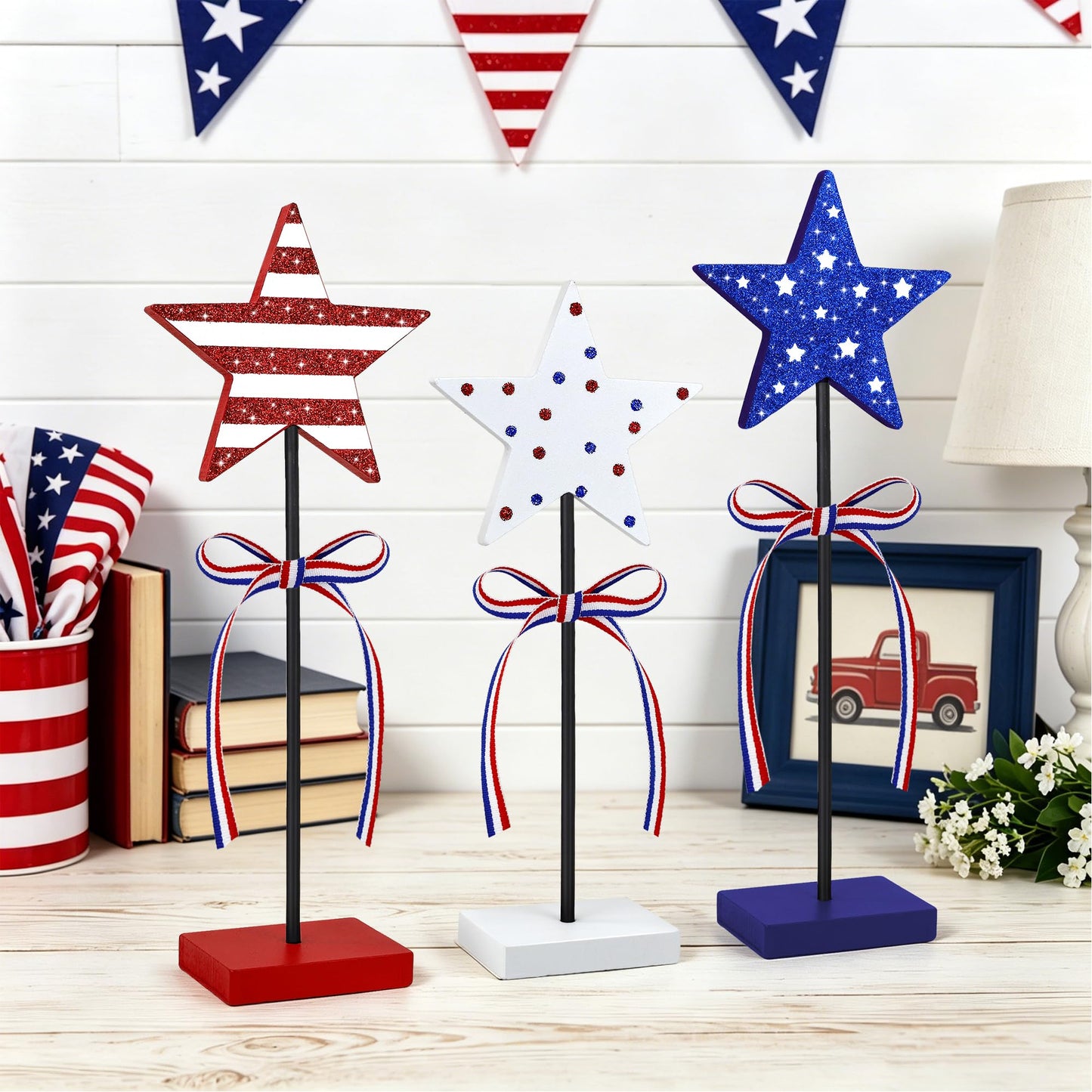 3 Pcs 4th of July Table Decoration Wooden Sign, Glitter Red White Blue Star Patriotic Table Centerpiece Fourth of July Tabletop Decorations Memorial Day Tiered Tray Decor for Home Office