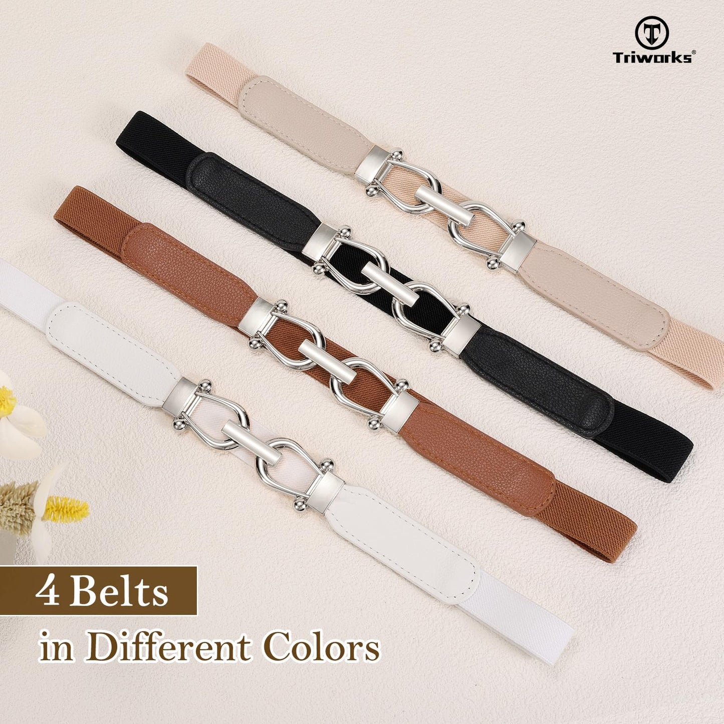 TRIWORKS 4 Pack Skinny Elastic Belts for Women Silver Buckle Thin Stretchy Waist Belts for Dresses