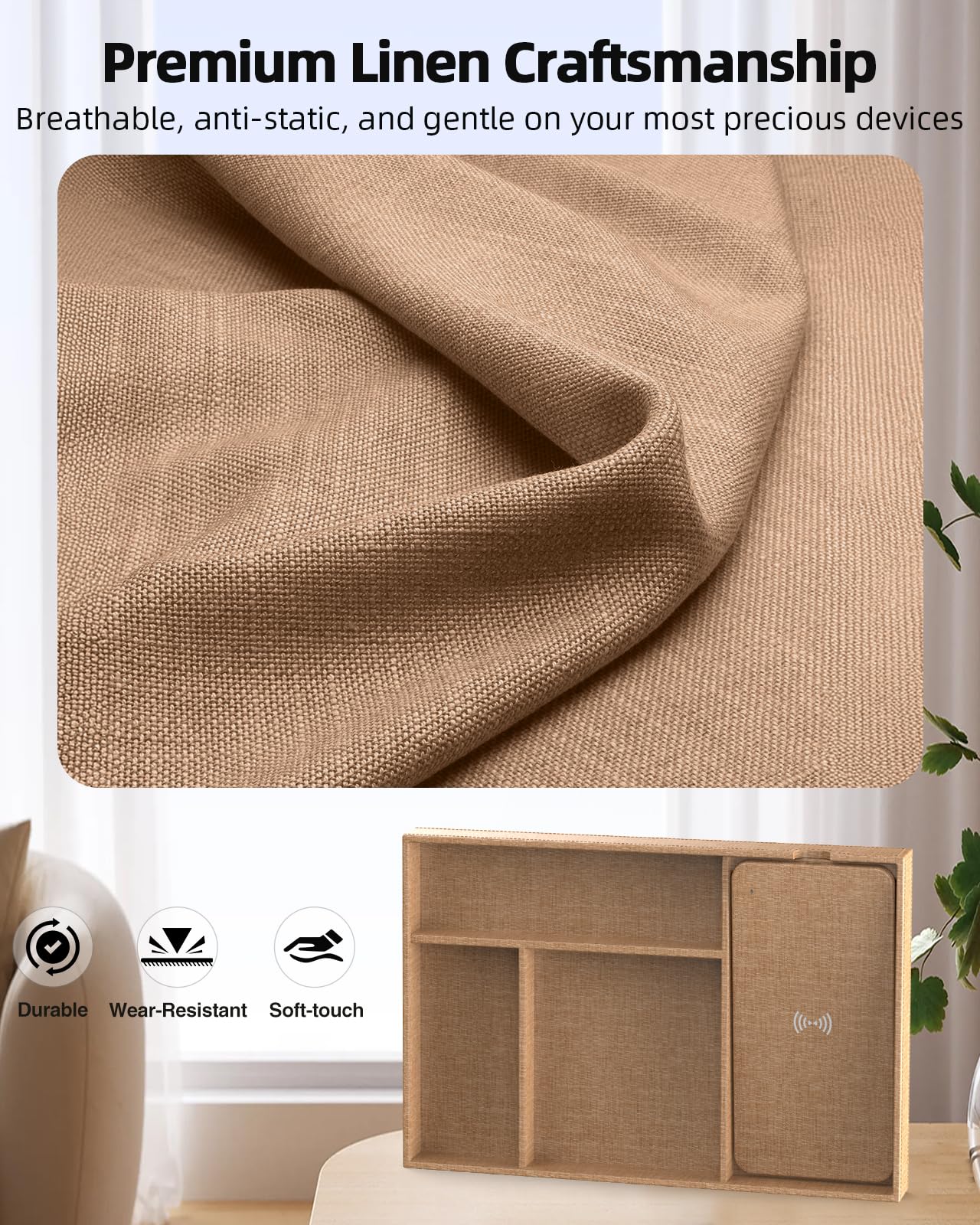 Valet Tray with Wireless Charger, Nightstand Organizer & Catchall Tray for Phone, Keys, Glasses and Accessories, Premium Linen, Stylish Desk & Bedside Storage Station