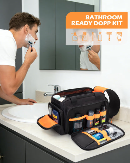 Prokva Tactical Travel Toiletry Bag for Men, Extra Large Dopp Kit Organizer with Dual Way Zippers, Travel Hygiene Bag for Shaving Grooming Bathroom Essentials, Black (Empty Bag)