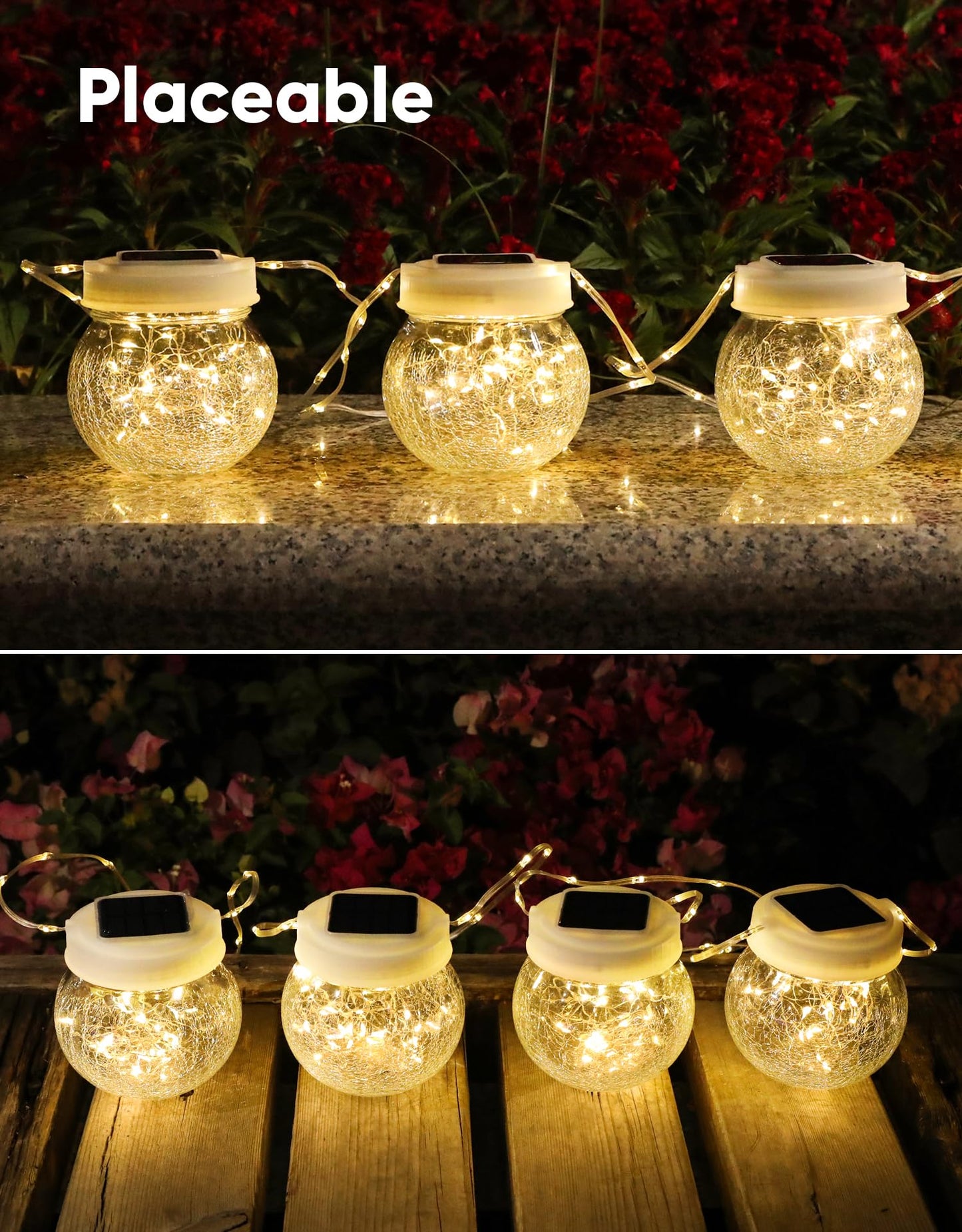 Solar Lantern Solar Lights Outdoor Waterproof 6-Pack, Solar Powered Hanging Lights Cracked Glass Hanging Globes for Christmas Decoration, Shepherd Hook, Garden Tree Ornaments, White Cap, Warm White