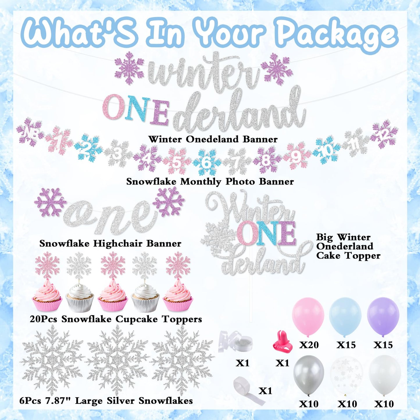 Winter Onederland 1st Birthday Decorations Girl, Winter Onederland Banner, Snowflake Photo Garland Highchair Banner Snowflake Balloon Arch Garland for Winter First Birthday Baby Shower Party Supplies