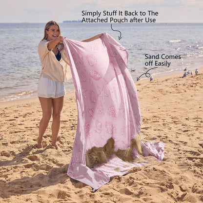 WEKAPO Beach Blanket Waterproof Sandproof Oversized, Extra Large Beach Mat Sand Free, Lightweight & Compact Sand Free Mat with 6 Stakes & 4 Corner Pockets (Pink Sea Shells, 11 x 9 FT (1～9 Person))