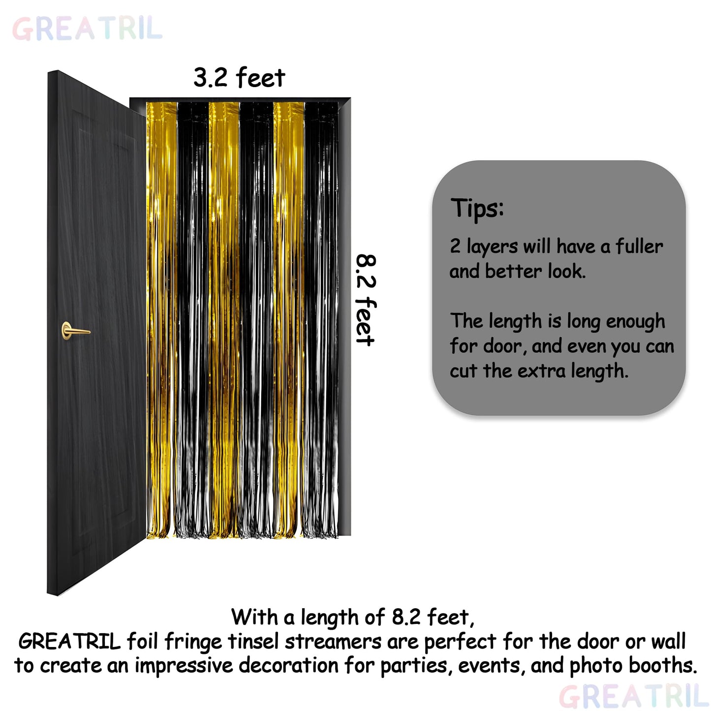 Black and Gold Party Streamers Decoration - GREATRIL Foil Fringe Backdrop for 2026 NYE/Anniversary/Farewell/Cocktail/Prom/EID/Birthdays - 3.2ft X 8.2ft - 2 Packs