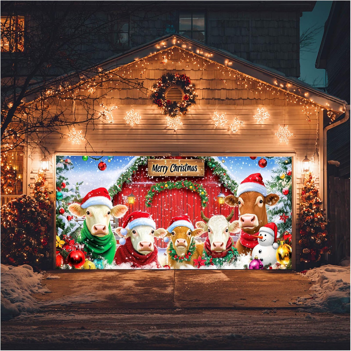 HOMETITUTE Merry Christmas Garage Door Banner 13x6ft Cows Farm Animals Barn Theme Backdrop Banners for Inside Winter Door Cover Banners for Outside Garage Wall Covering Party Decorations