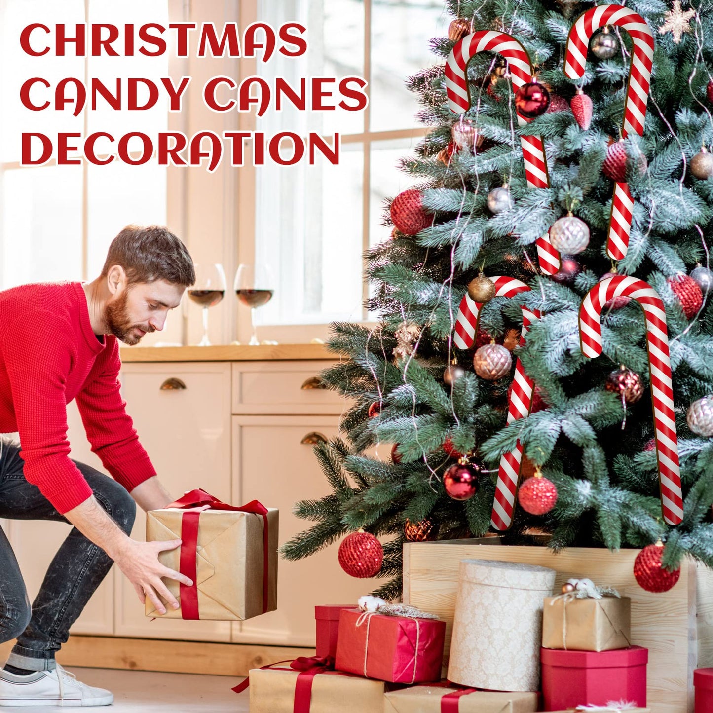 Large Size 4 Pcs 15.7 Inch Christmas Large Candy Canes for Tree Decorations Red and White Giant Candy Cane Props Bulk Xmas Hanging Ornaments Rustic Wood Flat for Party Supplies DIY Crafts Photoshoot