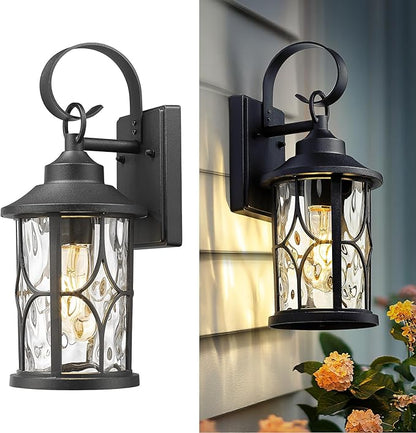 zeyu Wall Mounted Lantern Light, 15.5 Inch Outdoor Wall Light Fixtures for House in Black Finish, Die-Cast Aluminum with Water Ripple Glass, ZX111B BK-WG
