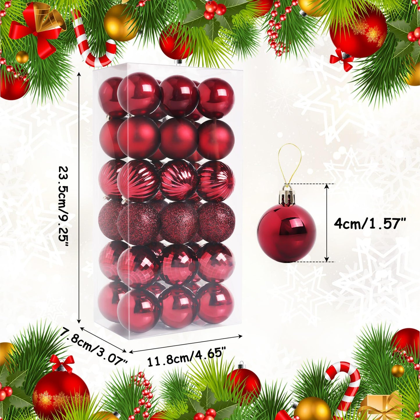 TranquilBliss 36 Pcs-1.57" Christmas Ball Ornaments, Shatterproof Hanging Balls, Tree Decorations for Xmas Tree, Wreath Decor, Holiday Party, Burgundy