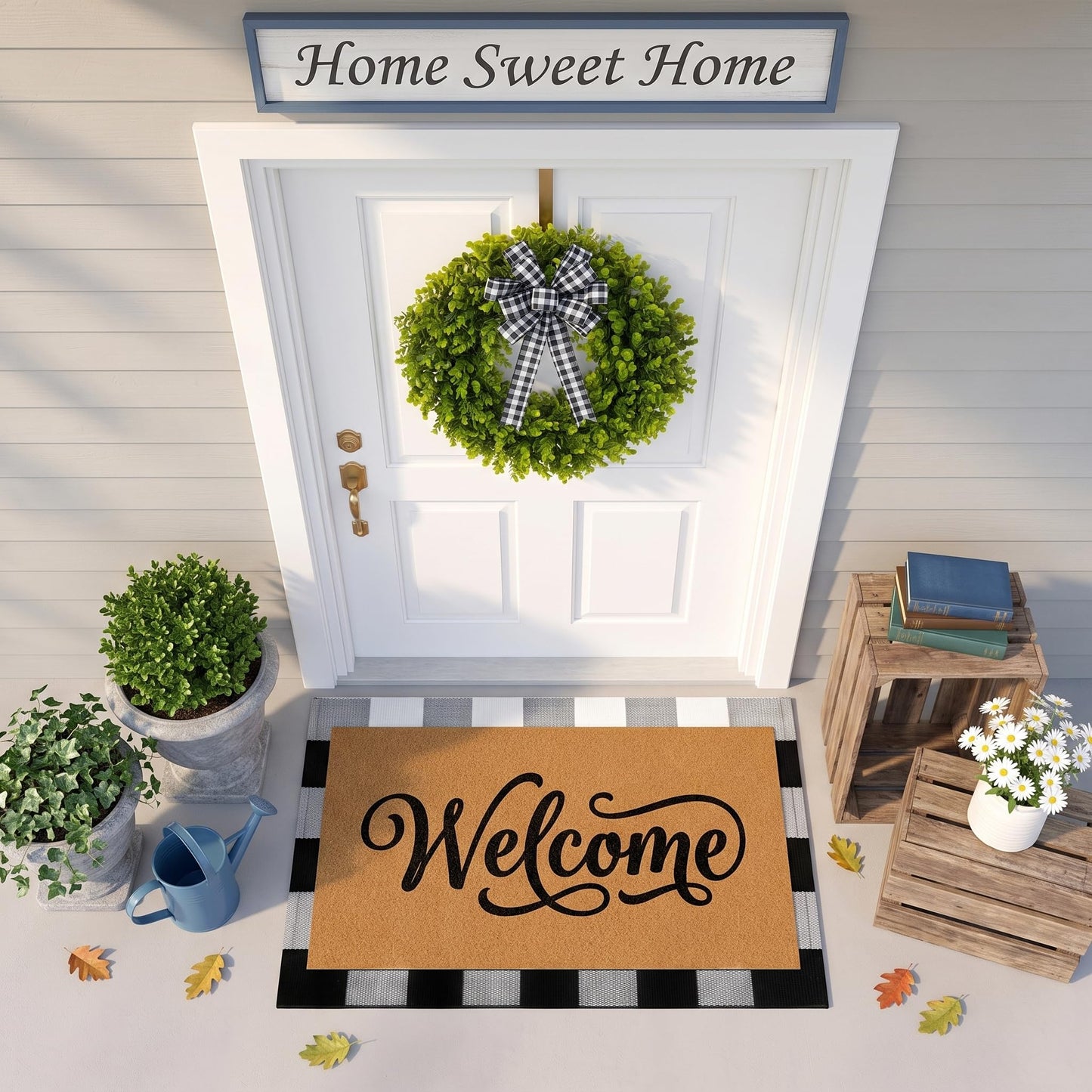 Britimes 3 Pcs Farmhouse Welcome Front Door Mat and Wreath Set Faux Coir Doormat Buffalo Plaid Layering Rug and 19" Greenery Wreath with Bow Outside Decor for Porch