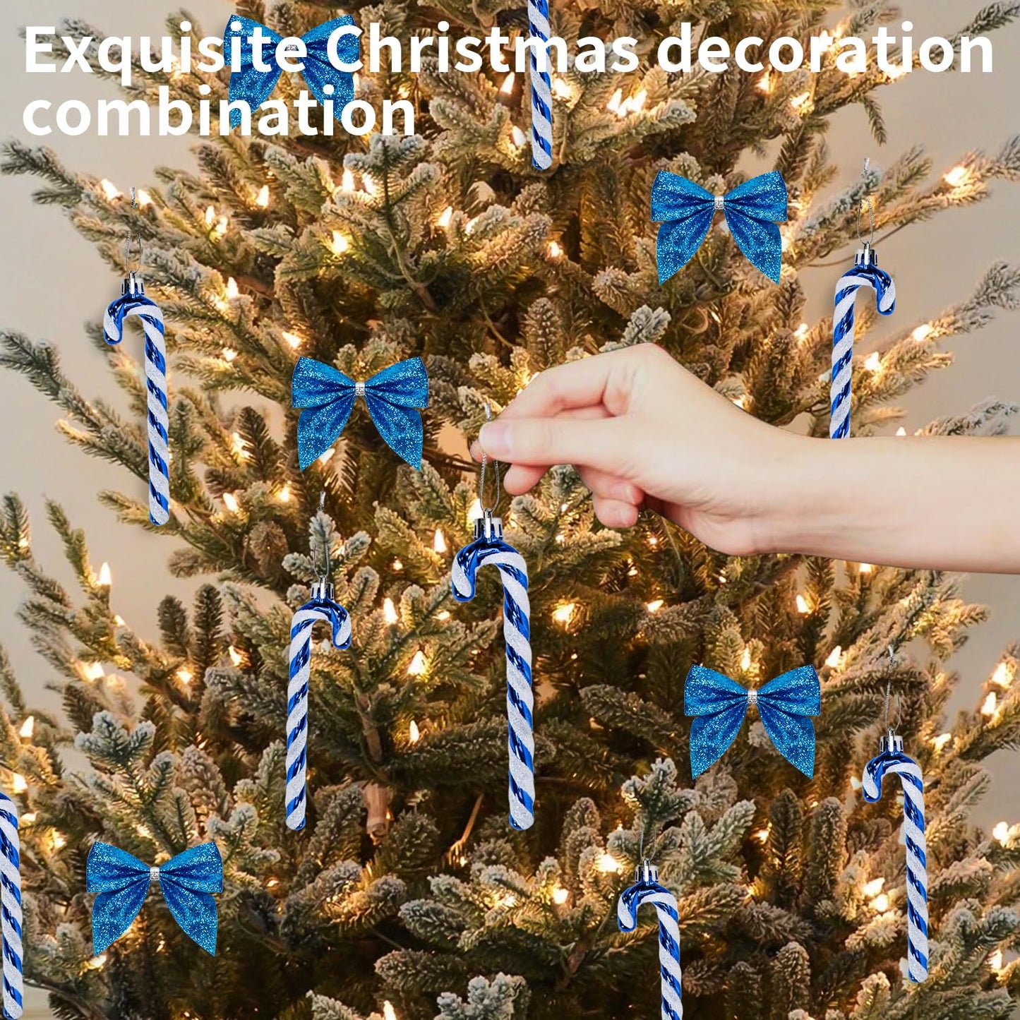 12 Pcs Candy Cane Christmas Decorations, 5.5inch Glitter Candy Cane Bows for Xmas Tree Hanging Ornament Holiday Festival Party Home Decoration (Blue)
