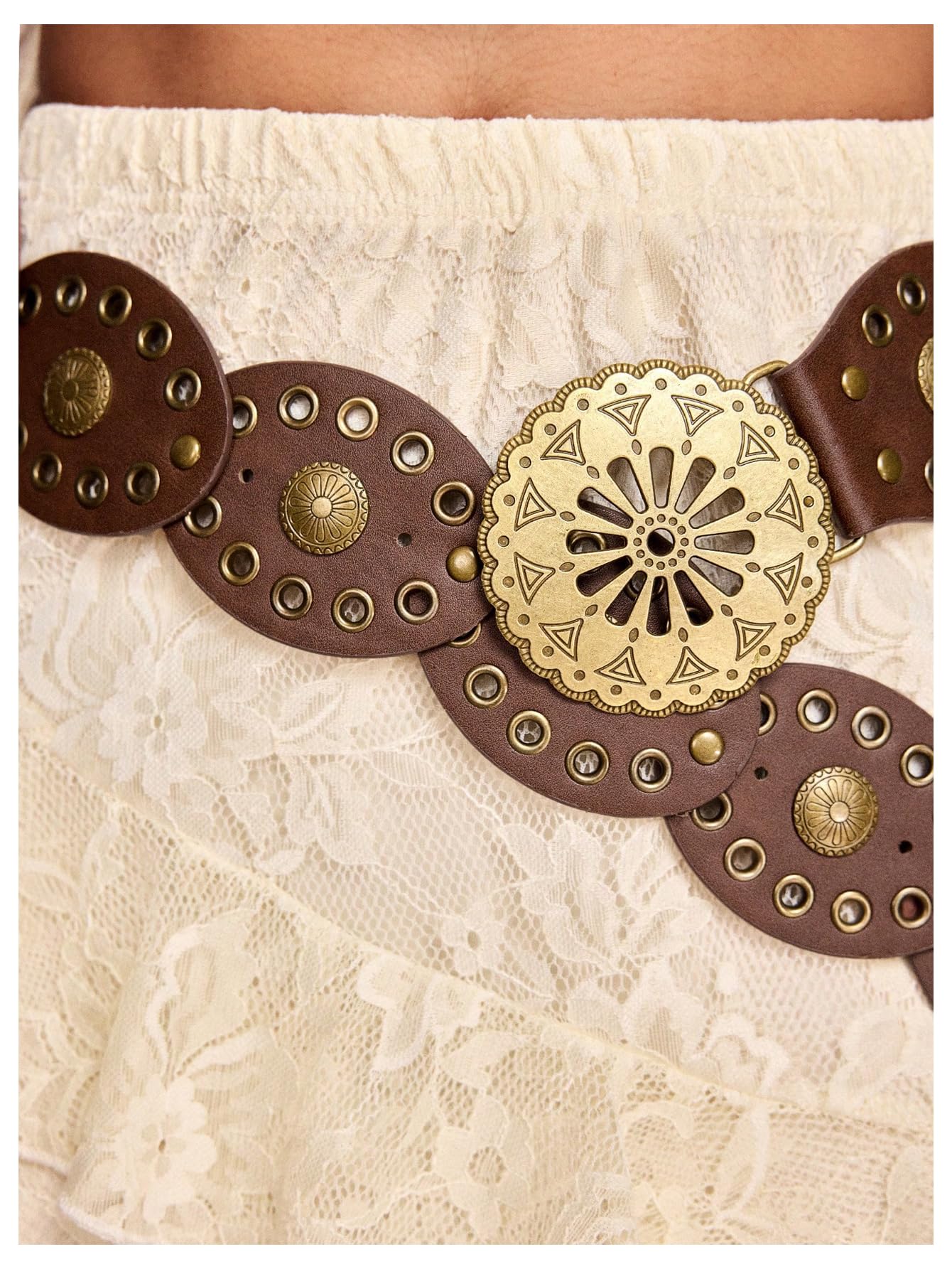 Verdusa Women's Grommet Eyelet Wide Belt PU Leather Vintage Western Cowgirl Waist Belts Brown Suit Waist Size:33.5-37.4