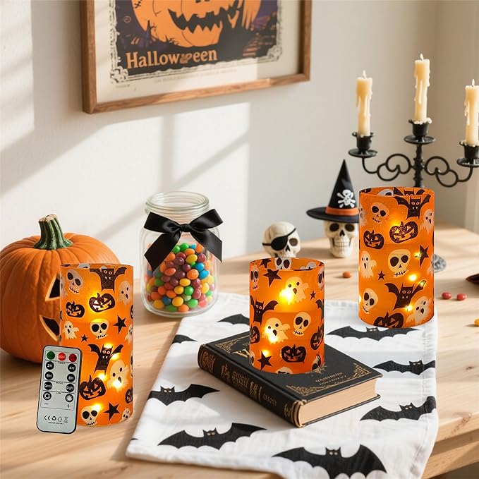 Halloween Flameless Candles with String Lights - Set of 3 Ghost Battery Operated Candle Flickering Floral LED Pillar Candles with Timer Remote for Home Decor Romantic Ambiance