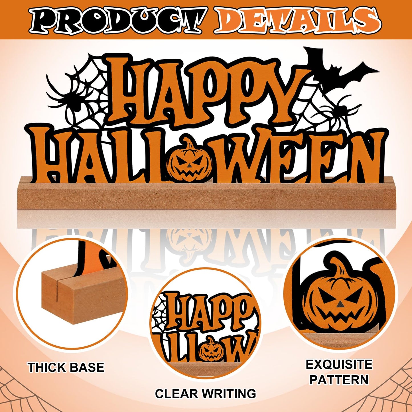 Yaocom 13.78 Inch Happy Halloween Sign Metal Halloween Decorations for Home Letter Tabletop Decoration with Wooden Base Cutout Word Table Centerpiece for Home Tiered Tray Centerpiece Mantel Shelf