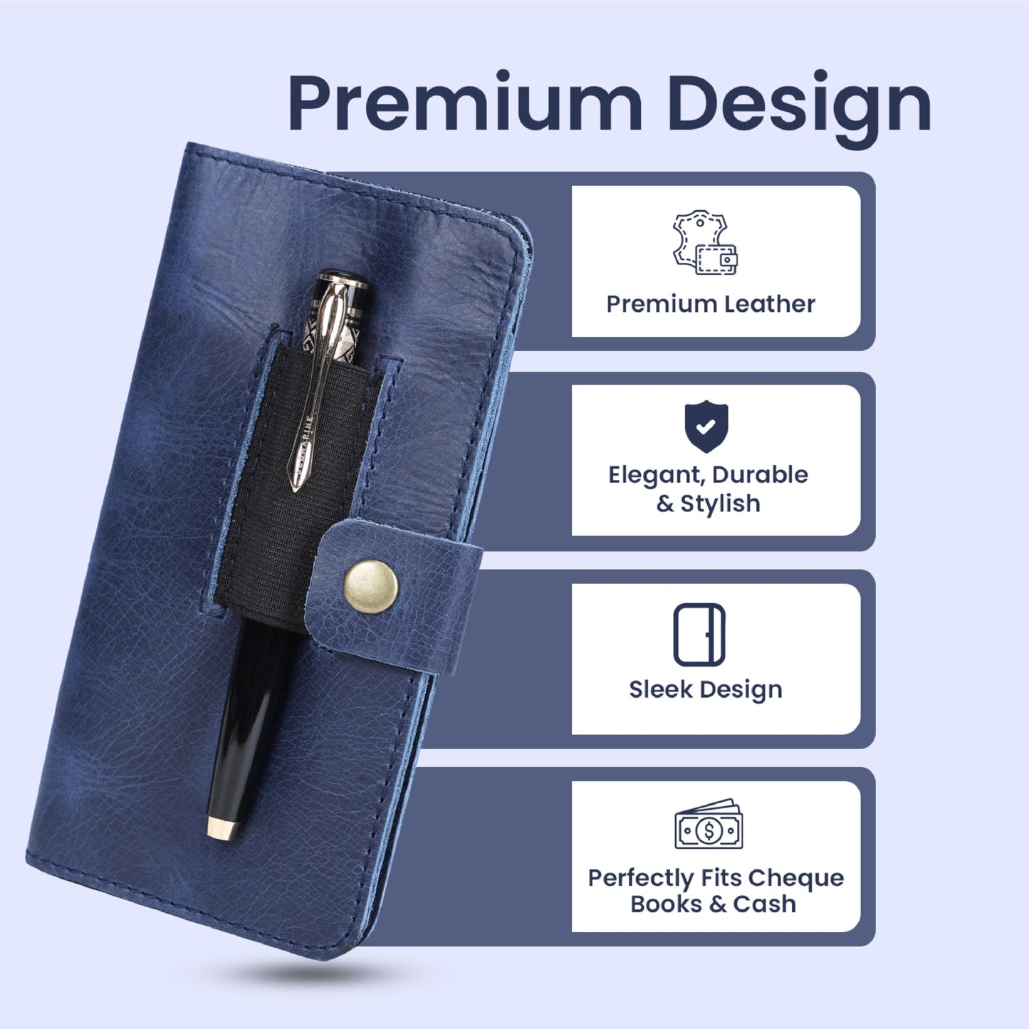 TheAntiq Leather Checkbook Cover with Pen Loop, Full Grain Check Book Holder Wallet for Personal & Duplicate Checks, Slim Money Organizer for Men & Women- Blue