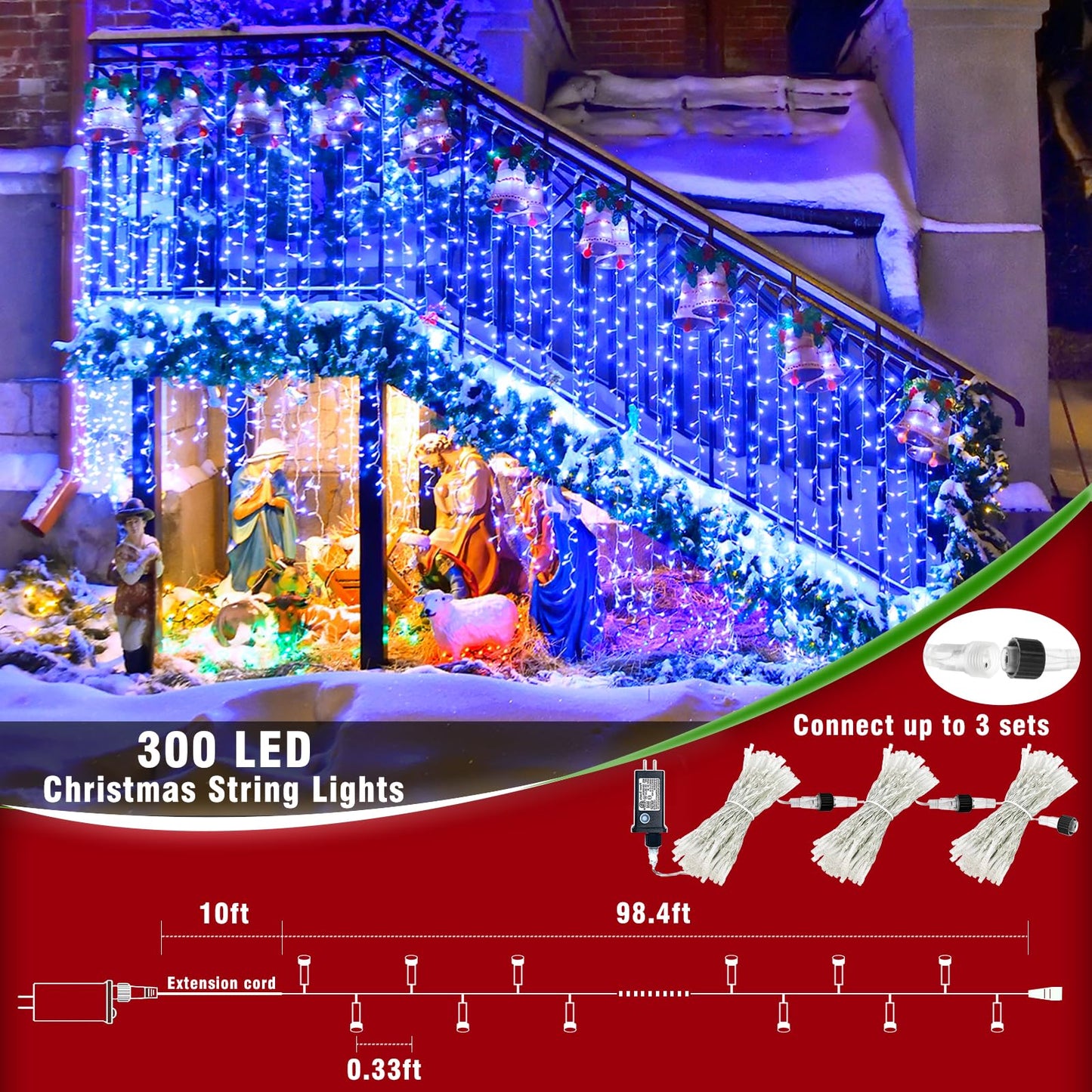 300 LED Blue Christmas Lights Outdoor Waterproof, 100ft Extra Long Blue String Lights 8 Modes Plug in Twinkle Fairy Lights with Timer for Indoor Outside Bedroom Christmas Tree Party Decorations