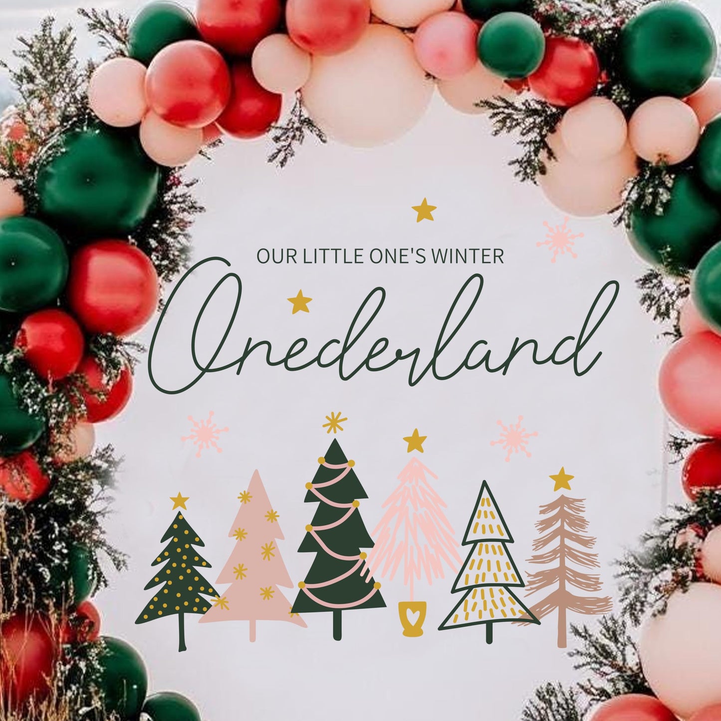 Our Little One's Winter ONEderland Decal - Winter 1st Birthday Party Decorations,Pink Green Christmas Trees Sign Stickers,Frozen Wonderland Party Wall Decals,First Snowflake Holiday Decoration