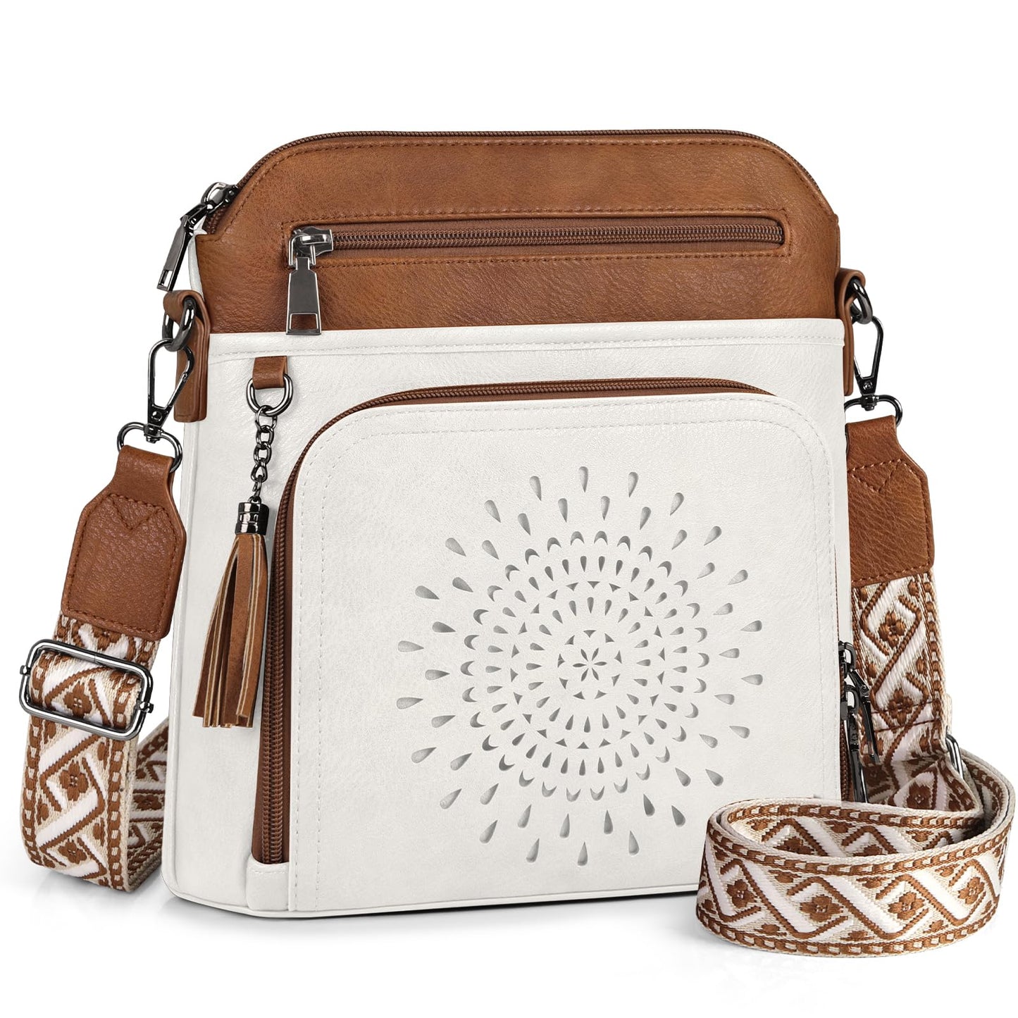 RAINSMORE Crossbody Bags for Women Leather Crossbody Purse Designer Womens Shouler Bags Handbags Trendy Medium Cross Body Purse Travel Work, white brown