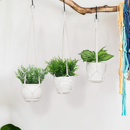 YIBOT 3 Pack Macrame Plant Hanger Indoor Hanging Planter Basket with 3 Hooks, 35"/29"/23" Crochet Plant Holder Stand No Tassels for Indoor Outdoor Boho Home Decor, Ivory (POTS NOT Included)