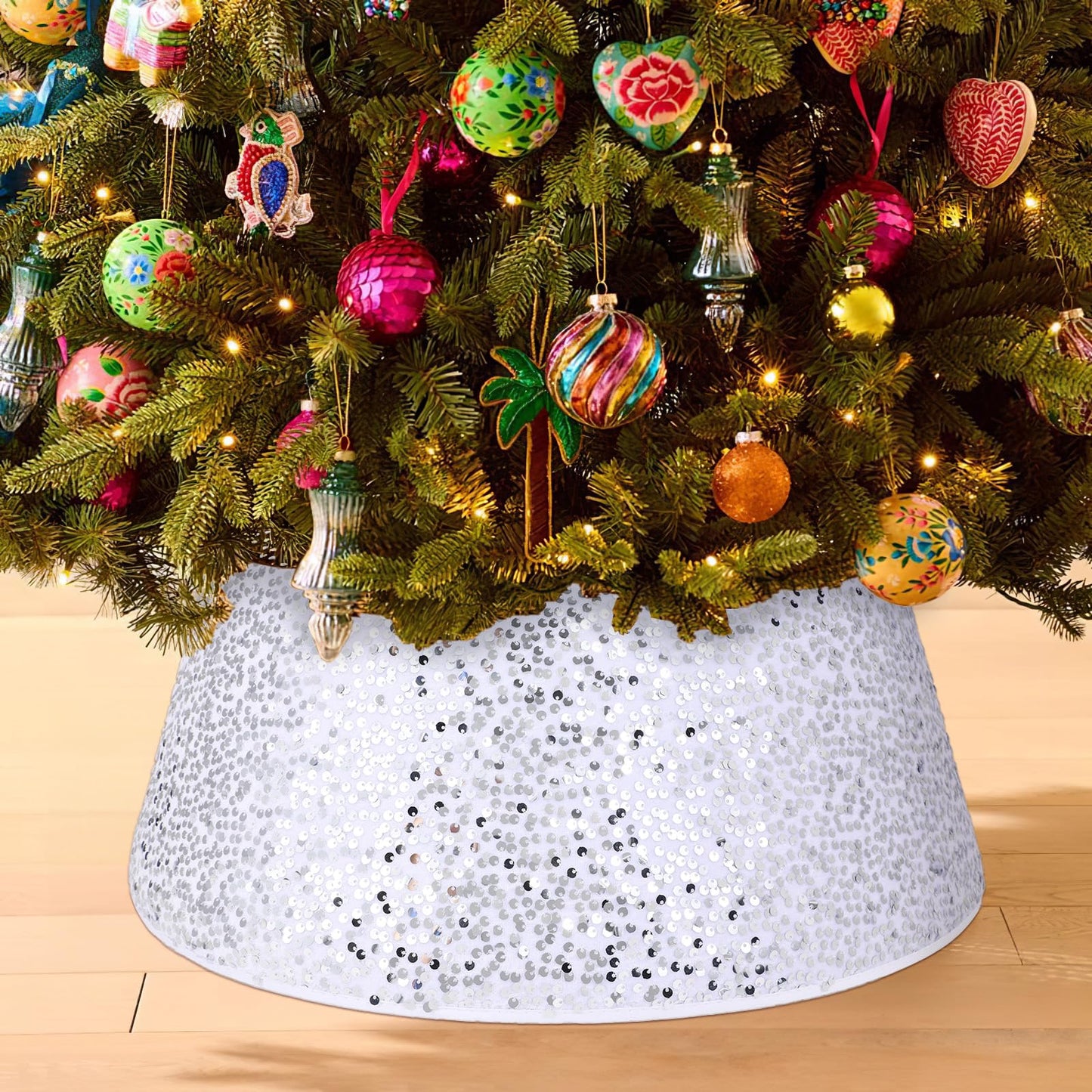 Christmas Tree Collar Burgundy Round Tree Skirt Tree Ring Sparkle Sequin for Christmas Holiday Thanksgiving Home Decor Red Gold