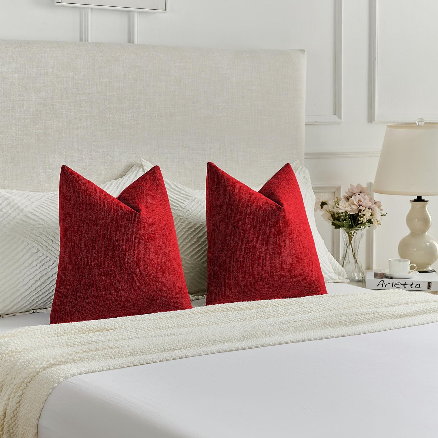 FUTEI Pack of 2 Chenille Decorative Throw Pillow Covers 18x18 Inch,Soft Cozy Faux Linen Textured Cushion Case,Farmhouse Home Decor for Couch Living Room,Red