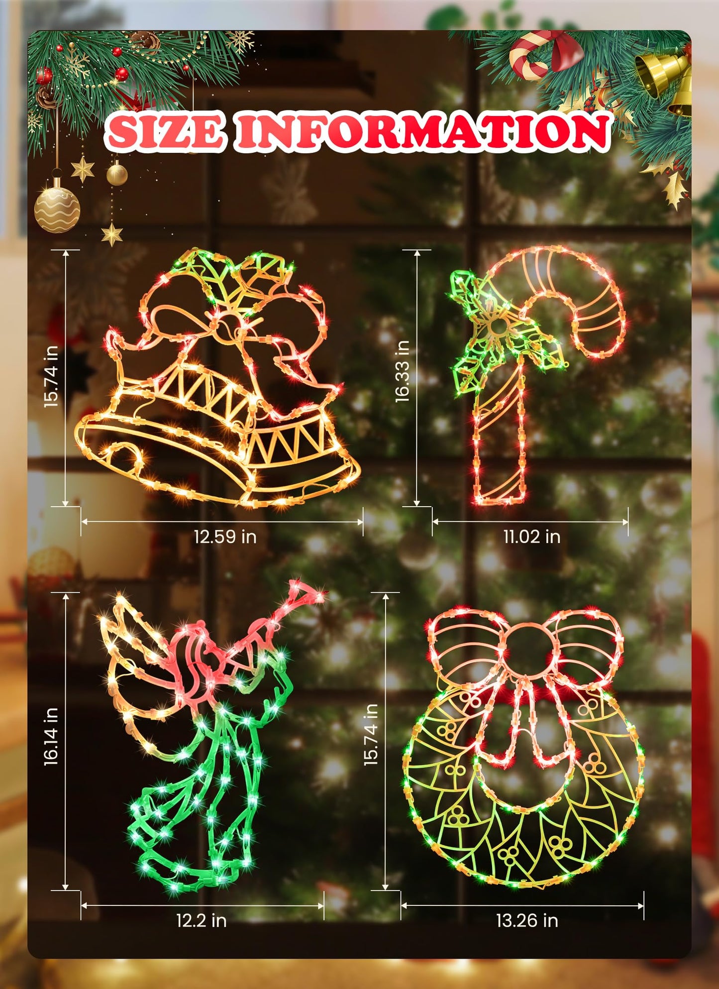 Christmas Window Silhouette Lights Decorations - Pack of 4 Sign Colour Lighted Wreath, Candy Cane, Bell, and Angel for Holiday Indoor Wall Door Glass Decor