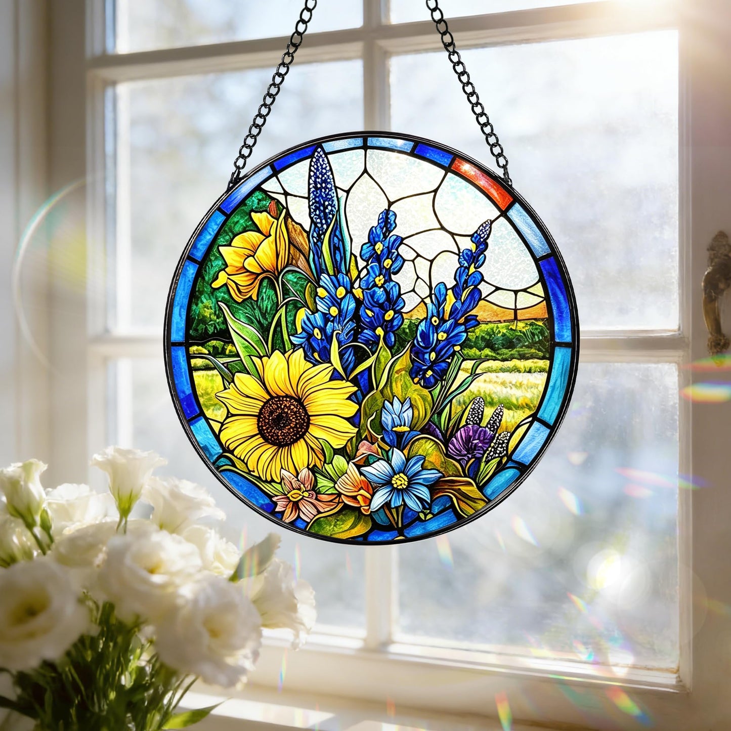 Stained Glass Window Hanging, 7.8 Inch Texas Bluebonnet Flowers and Sunflowers Stained Glass Suncatcher for Window, Door, Home Decor, Sun Catchers for Indoor Windows, Gifts for Women, Mom, Grandma