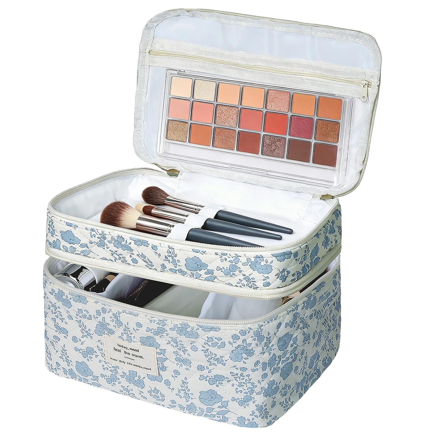 Gosect Makeup bag, Large Cosmetic Bag for Women Girls, Cute Quilted Make Up Bags, Floral Coquette Aesthetic Toiletry Bag, Travel Make Up Organizer Bag (Blue Flowers)