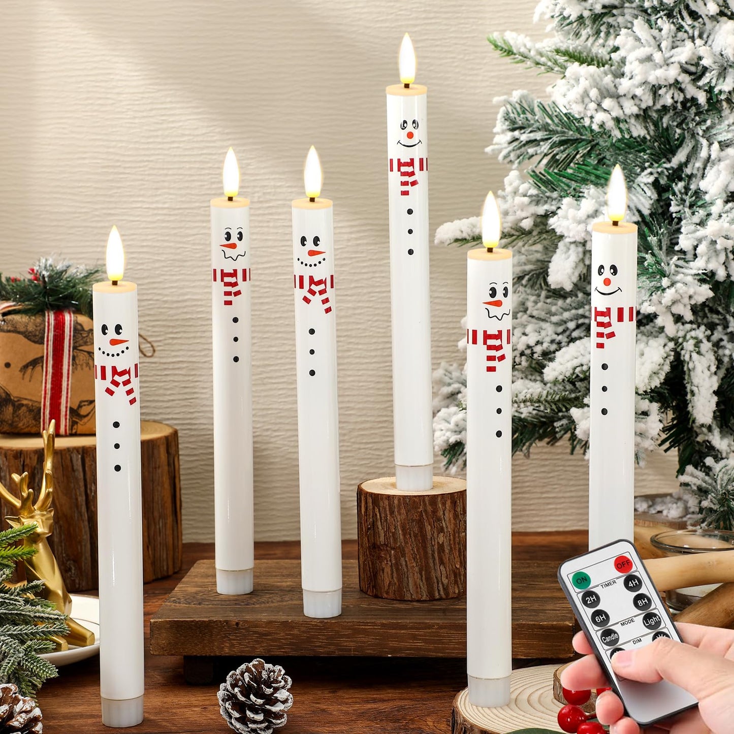 Whaline 6Pcs Winter Snowman Flameless Taper Candles with Remote Cute Christmas Battery Operated Flickering Candlesticks Electric LED Candle Boxed for Holiday Party Home Table Centerpiece Decor