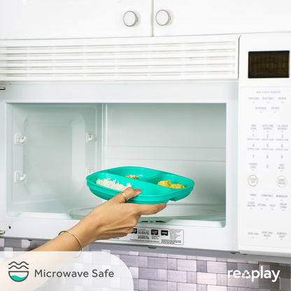 Re-Play Toddler Plates with Dividers - Deep-Walled 3 Compartments Divided Plates for Kids - Dishwasher & Microwave Safe - Made in USA - Set of 3-7.37" x 7.37" x 1.25" - Beach Baby