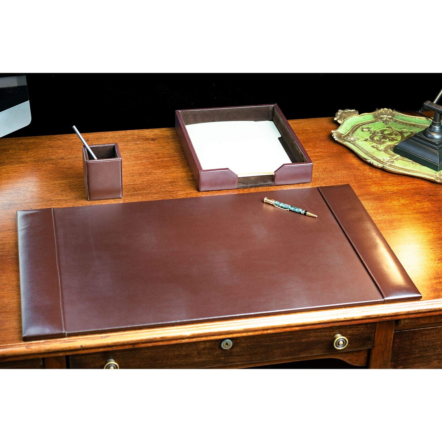 Dacasso Bonded Set Luxury Leather Desk Pad & Desk Organization Essentials, 3 Piece, Dark Brown