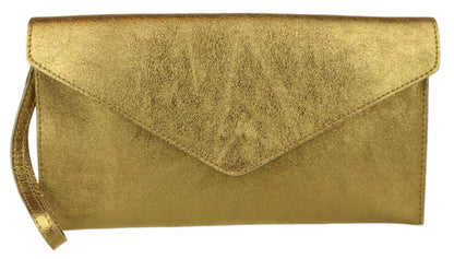 Girly HandBags Womens Italian Suede Leather Envelope Clutch Bag (Metallic Old Gold)