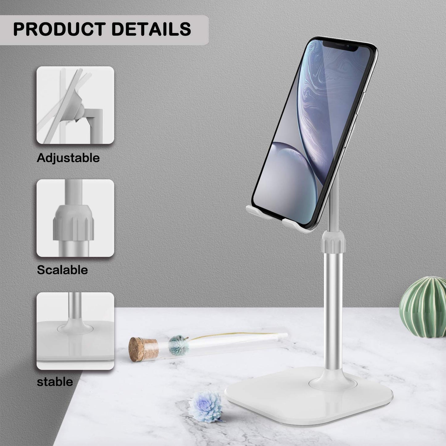 Doboli Cell Phone Stand, Phone Stand for Desk, Phone Holder Stand Compatible with iPhone and All Mobile Phones Tablet, Gifts for Adults Women Men Mom Wife, White
