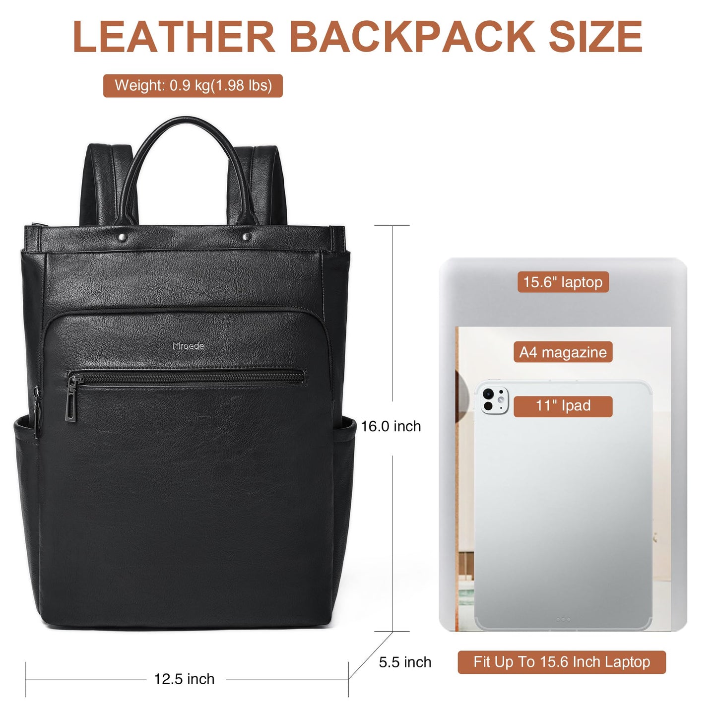 Mroede Leather Laptop Backpack for Women, Travel Backpack Purse Fits 15.6 Inch Laptop, Casual Daypack with Laptop Compartment for Men Teachers College Work Business Nurse Weekender, Black