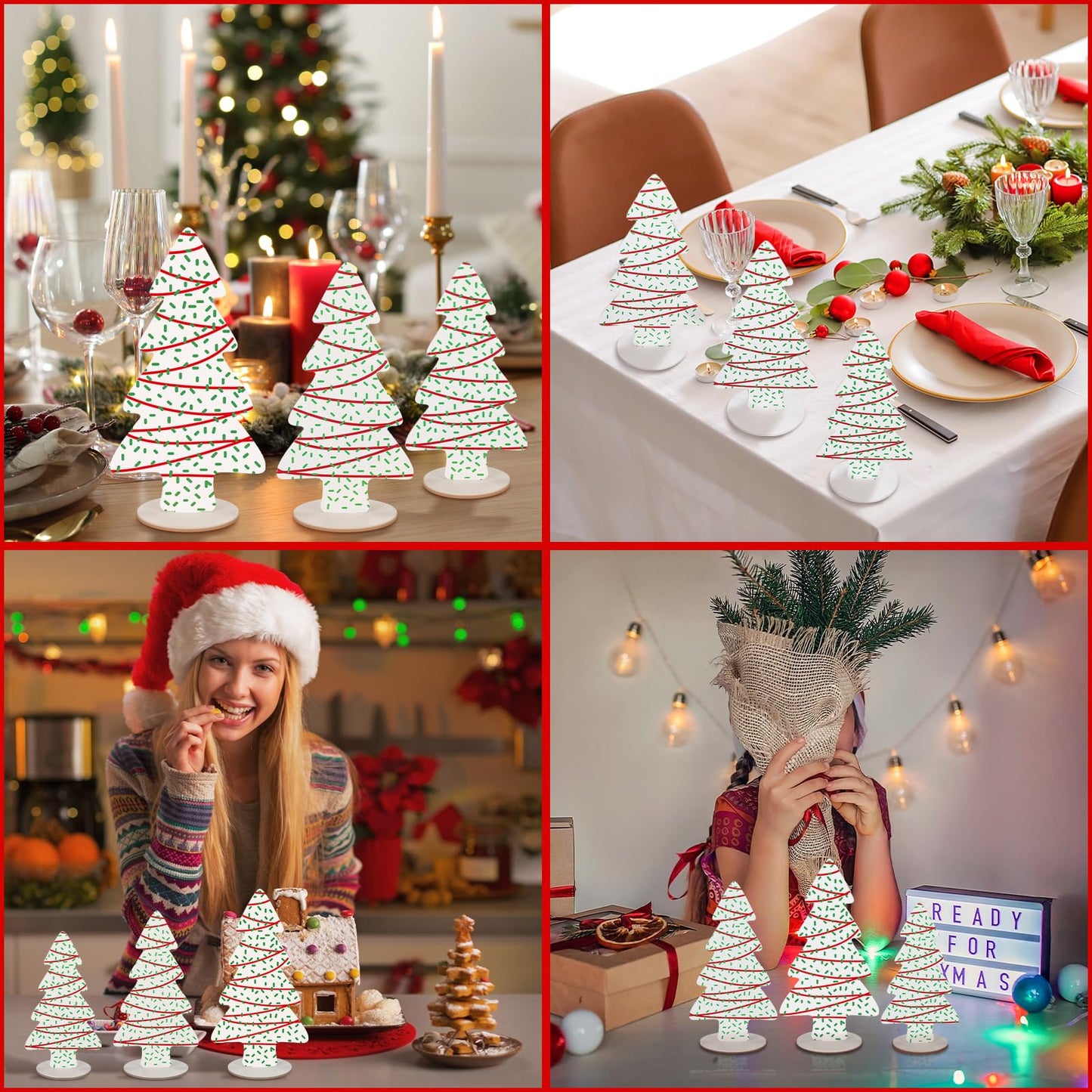 Huwena 3 Piece Wooden Christmas Tree Table Decor Rustic Farmhouse Xmas Tree Snowflake Centerpieces Tiered Tray Shelf Decorations for Home, Office, Holiday Party Decor (Simple)