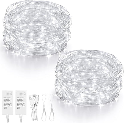 Mlambert LED Fairy Lights Battery Operated with Timer, Rechargeable Mini Twinkle Lights for Christmas Decor Holiday Party, 32.8FT(16.4x2), Cool White