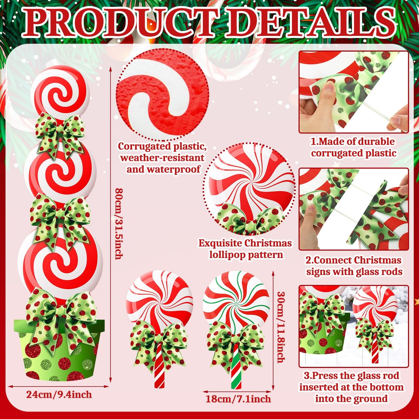 Meonum 4 Pcs Peppermint Candy Christmas Decorations Outdoor Large Christmas Yard Stakes Lime Green and Red Xmas Candy Garden Lawn Signs with Stakes and Bow for Home Pathway Walkway Party Decor(Green)