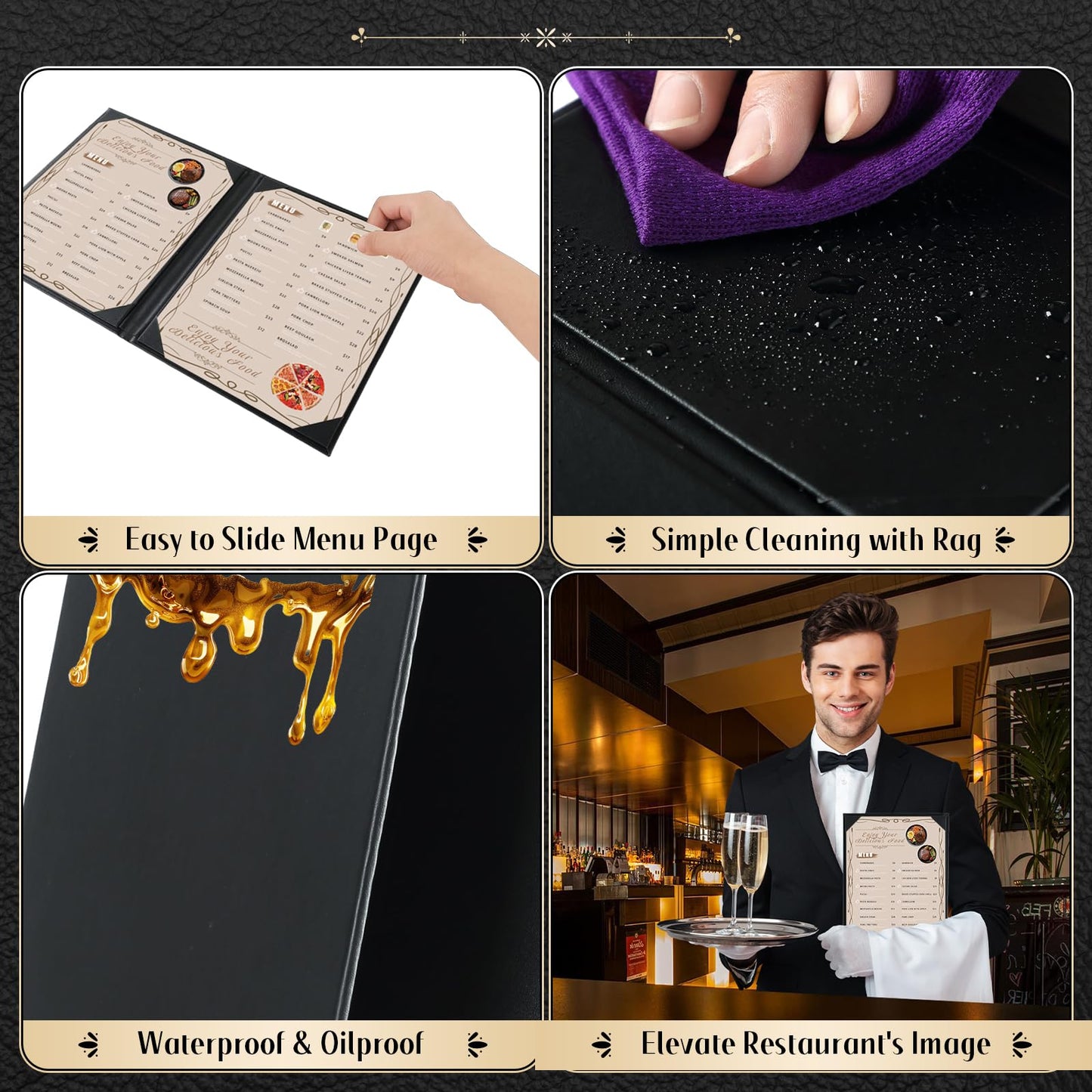 FLKQC Restaurant Menu Covers Holders 8.5 X 11, 10 Pack Synthetic Leather Menu Holder Covers Book Style with Angled Corners Black for Wine List, Certificate Organizer Diploma Holder (2 Page 2 View)