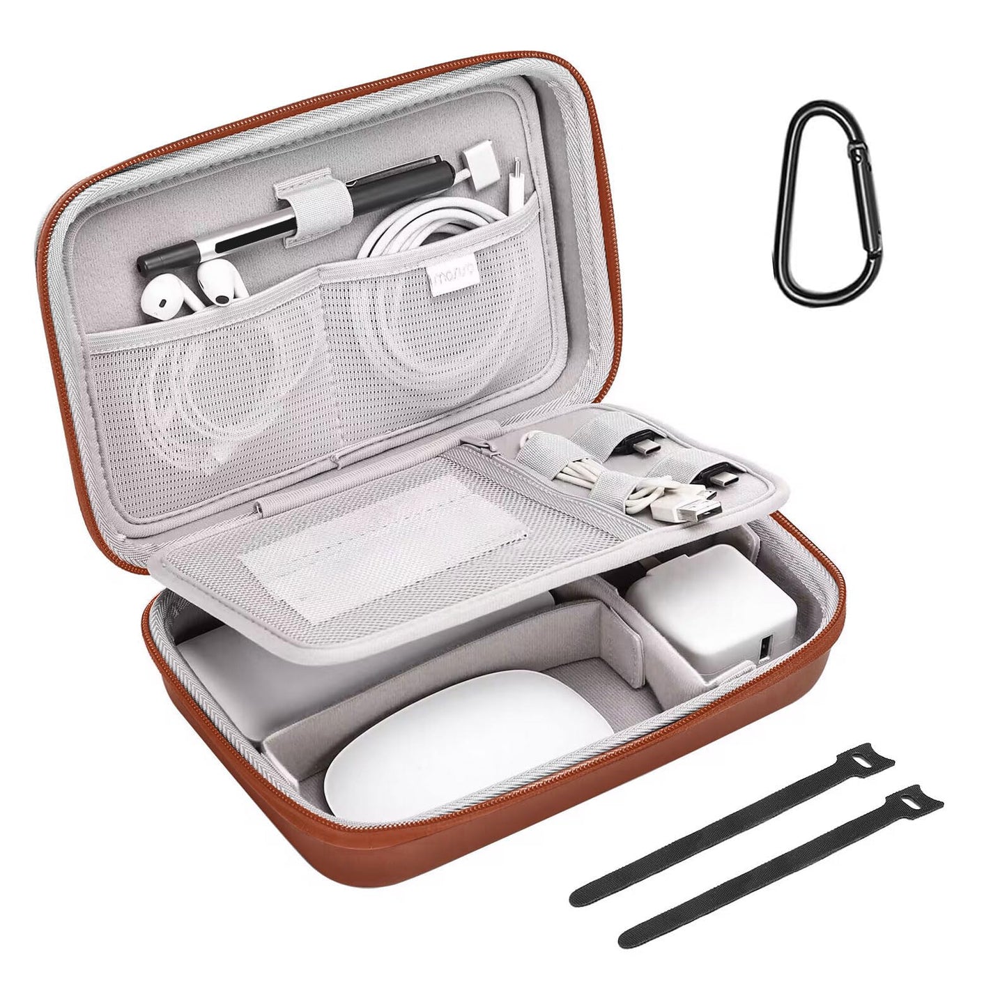 MOSISO Electronic Organizer Travel Case Compatible with MacBook Power Adapter, Compatible with Magic Mouse & Pencil, SD Card, USB Flash Disk with 4 Modular Insert & 2 Cable Tie & Snap Hook, Brown
