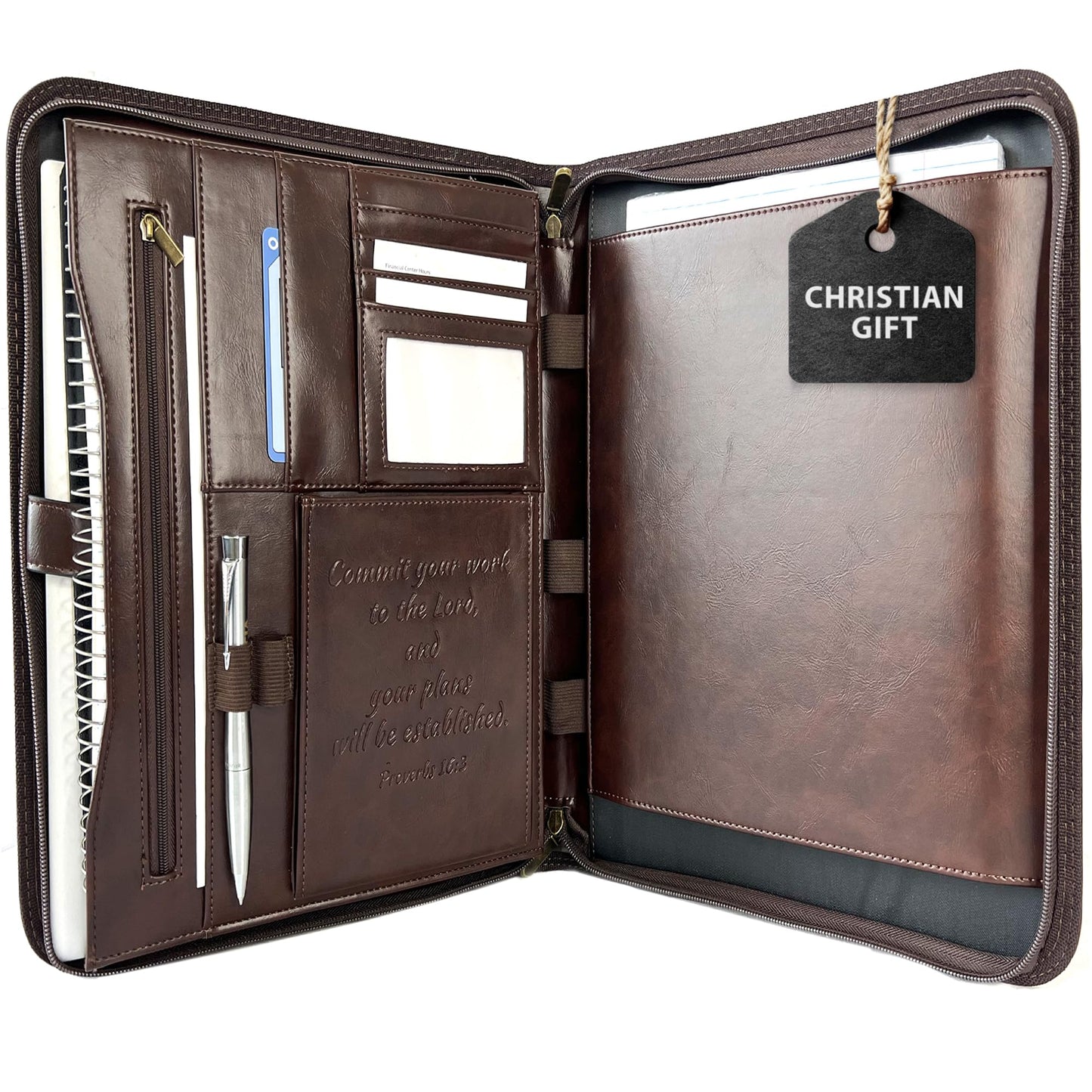 DEHITE Leather Portfolio for Men – Padfolio Case for Men and Women – Brown Bible Notebook Organizer – Pen Slots – Zipper Binder – Premium PU Leather – Feels Like Full-Grain – Office Gift Accessories