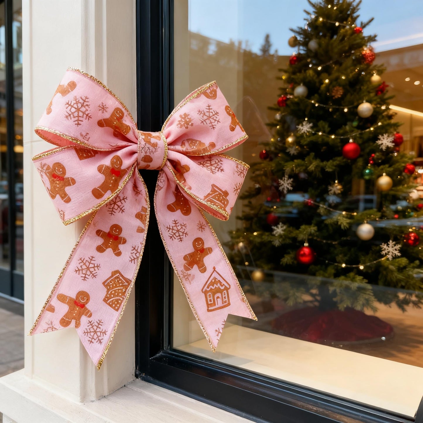 Meseey Pastel Pink Christmas Wired Ribbon 2.5 Inch 20Yards, Gingerbread Man Candy Cane Print Decor Ribbon for Xmas Tree Wreath Gift Craft