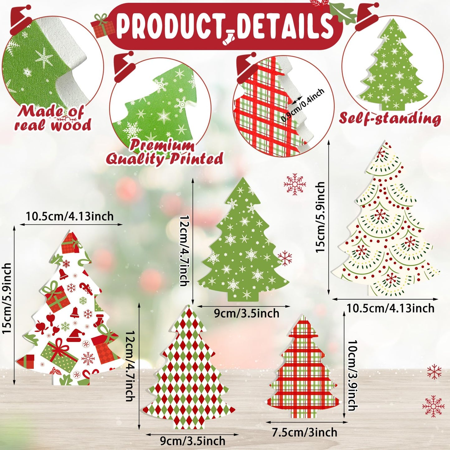 Huwena 5 Pcs Christmas Table Decoration Wooden Xmas Tree Tiered Tray Decor Centerpiece Gift Box Indoor Christmas Tree for Shelf Mantel Fireplace Home Party (Red Green White Buffalo Plaid)